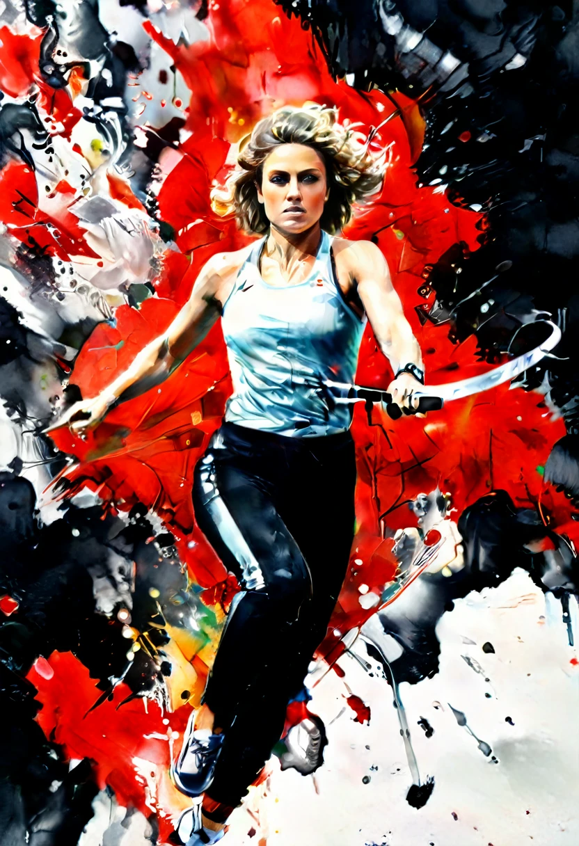 (( a black and white and red watercolor art: 1.5)) a watercolor portrait of woman holding a javelin, ready to throw, in the Olympics, a woman, dynamic hair color, dynamic hair style, (most beautiful face: 1.3), (ultra detailed face: 1.4), ((holding javelin ready to throw: 1.5)), concentrating, tense, ready for the peak of her life,  ((wearing athletic shirt, pants and sneakers: 1.2)), ibrant, Ultra-high resolution, High Contrast, (masterpiece:1.5), highest quality, Best aesthetics), best details, best quality, highres, 16k, [ultra detailed], masterpiece, best quality, (extremely detailed), Cinematic Hollywood Film, watercolor