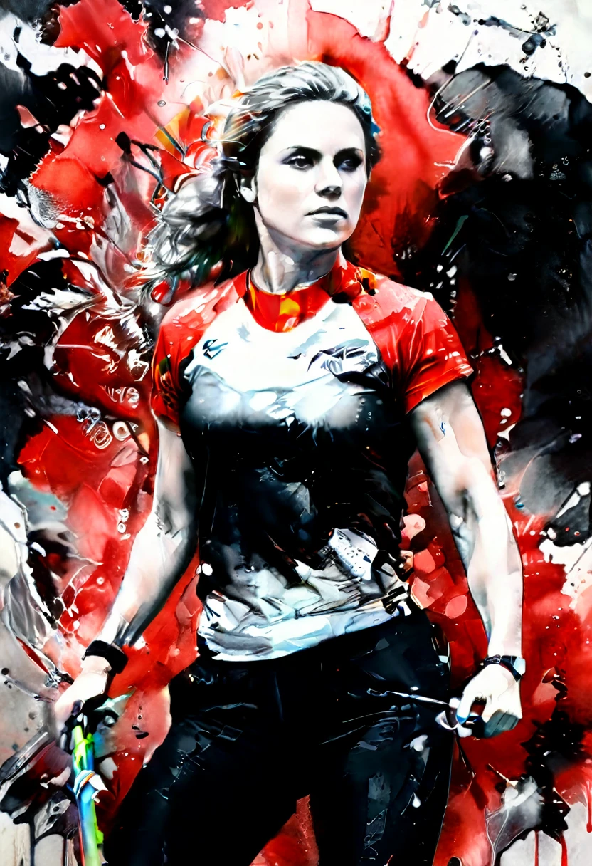 (( a black and white and red watercolor art: 1.5)) a watercolor portrait of woman holding a javelin, ready to throw, in the Olympics, a woman, dynamic hair color, dynamic hair style, (most beautiful face: 1.3), (ultra detailed face: 1.4), ((holding javelin ready to throw: 1.5)), concentrating, tense, ready for the peak of her life,  ((wearing athletic shirt, pants and sneakers: 1.2)), ibrant, Ultra-high resolution, High Contrast, (masterpiece:1.5), highest quality, Best aesthetics), best details, best quality, highres, 16k, [ultra detailed], masterpiece, best quality, (extremely detailed), Cinematic Hollywood Film, watercolor