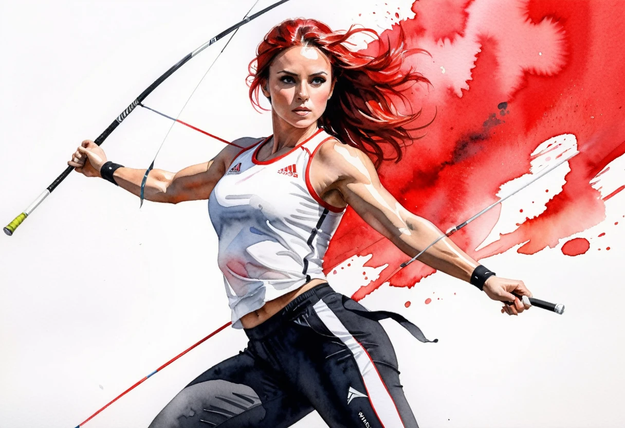 (( a black and white and red Aquarell art: 1.5)) a Aquarell portrait of woman throwing javelin in the Olympics, eine Frau, dynamische Haarfarbe, dynamische Frisur, (schönstes Gesicht: 1.3), (Extrem detailliert face: 1.4), ((Speer bereit zu werfen: 1.5)),   ((trägt ein sportliches Shirt, Hosen und Turnschuhe: 1.2)), ibrant, ultrahohe Auflösung, Hoher Kontrast, (Meisterwerk:1.5), höchste Qualität, Beste Ästhetik), beste Details, beste Qualität, highres, 16k, [Extrem detailliert], Meisterwerk, beste Qualität, (Extrem detailliert), Kinoreifer Hollywoodfilm, Aquarell