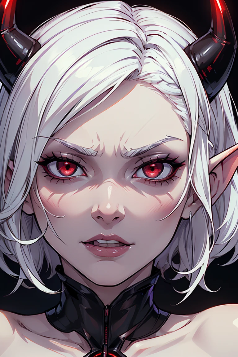 photo(portrait, from the front, close up, facing camera) of a woman(solo, succubus, short hair, wavy hair, white hair, pale skin, small nose, red eyes, cruel face, black horns, sadistic, violent, evil, perverted, grim, cold), hentai game, anime, best quality, masterpiece, maximum detail, high resolution
