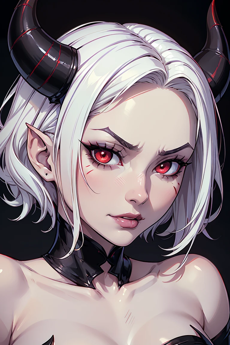 photo(portrait, from the front, close up, facing camera) of a woman(solo, succubus, short hair, wavy hair, white hair, pale skin, small nose, red eyes, cruel face, black horns, sadistic, violent, evil, perverted, grim, cold), hentai game, anime, best quality, masterpiece, maximum detail, high resolution
