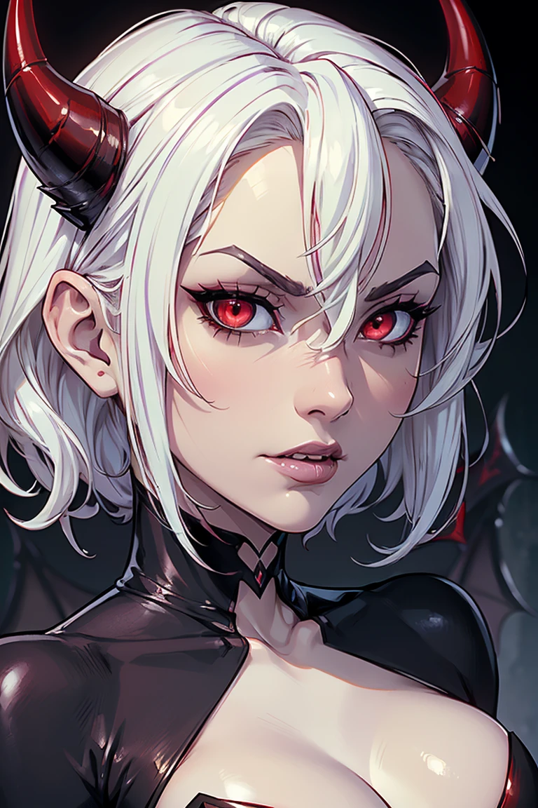 photo(portrait, from the front, close up, facing camera) of a woman(solo, succubus, short hair, wavy hair, white hair, pale skin, small nose, red eyes, cruel face, black horns, sadistic, violent, evil, perverted, grim, cold), hentai game, anime, best quality, masterpiece, maximum detail, high resolution
