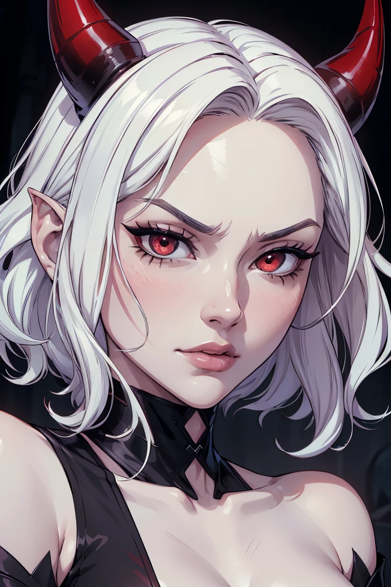 photo(portrait, from the front, close up, facing camera) of a woman(solo, succubus, short hair, wavy hair, white hair, pale skin, small nose, red eyes, cruel face, black horns, sadistic, violent, evil, perverted, grim, cold), hentai game, anime, best quality, masterpiece, maximum detail, high resolution
