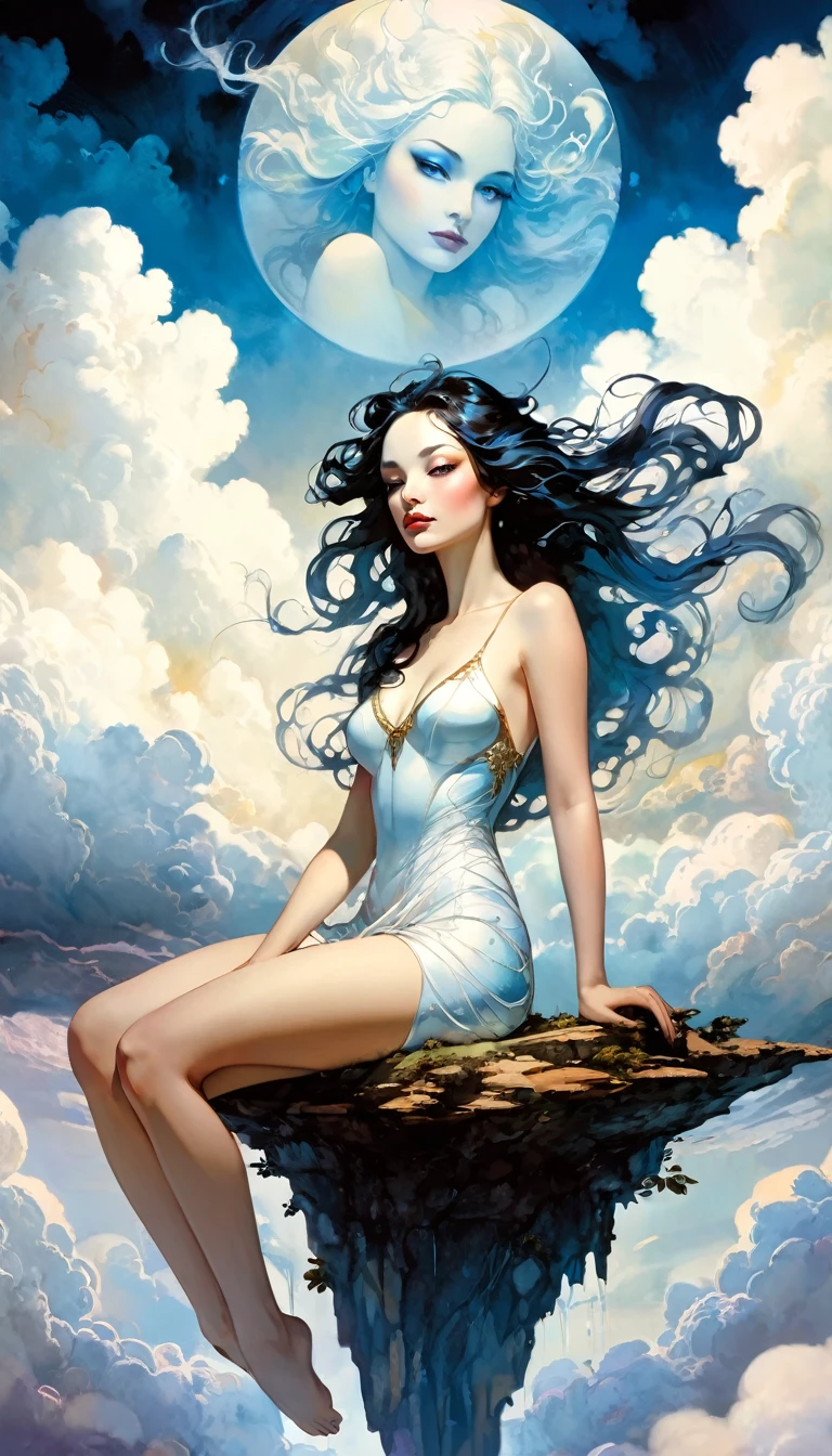 surrealistic goddess woman sitting on cloud, beautiful landscape, sketch, pen drawing, white background, highly detailed, photorealistic, dramatic lighting, vibrant colors, masterpiece, (best quality,4k,8k,highres,masterpiece:1.2),ultra-detailed,(realistic,photorealistic,photo-realistic:1.37),intricate details,cinematic composition,dramatic pose,elegant features,porcelain skin,piercing eyes,full lips,flowing hair,dreamy atmosphere,divine presence,ethereal beauty,floating in clouds,stunning scenery,natural elements,inspired by Bill Sienkiewicz

