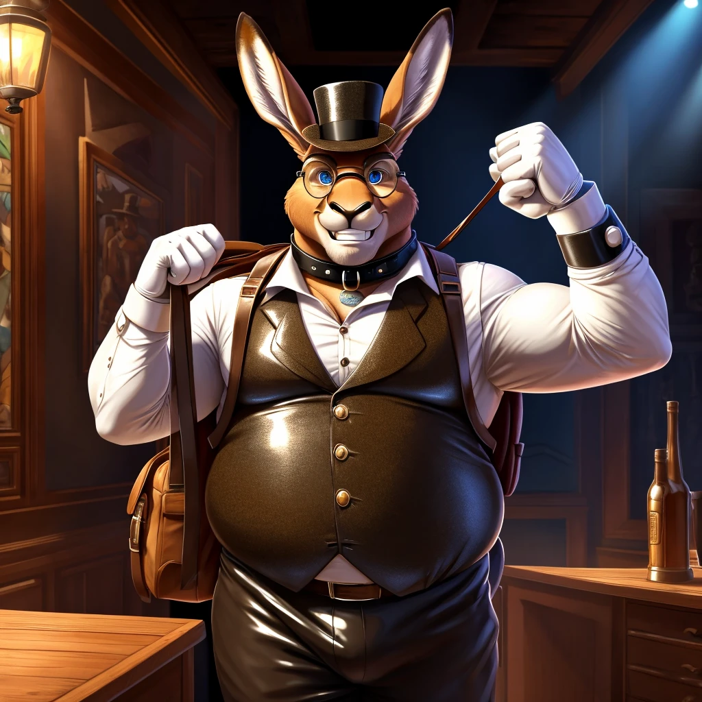 Solo, Male, fat, extremely obese, gentleman, dapper Professor Kangaroo, blue eyes, (posing:1.3), (soft shading), 4k, hi res, ((detailed face, detailed)), looking at viewer, evil grin, steampunk, collared shirt with buttons, top hat, male focus, Explorer Outfit, glasses, monocle, bag, vest with buttons, backpack, sleeves rolled up, round eyewear, brown headwear, brown vest, Kangaroo is wearing a glossy leather dog collar around the neck, Kangaroo is wearing the leather collar and shirt and vest at the same time, Kangaroo is wearing glossy white rubber gloves on the hands, wearing white rubber gloves on the feet, Kangaroo is wearing glossy white cuffs around the wrists with cufflinks, gloves are rubber in texture, clenching teeth, clenching fists, leather collar is glossy and shiny with a lot of detail, Kangaroo is wearing gloves and cuffs and cufflinks at the same time, leather collar has a round dog-tag, leather collar is thick and detailed.