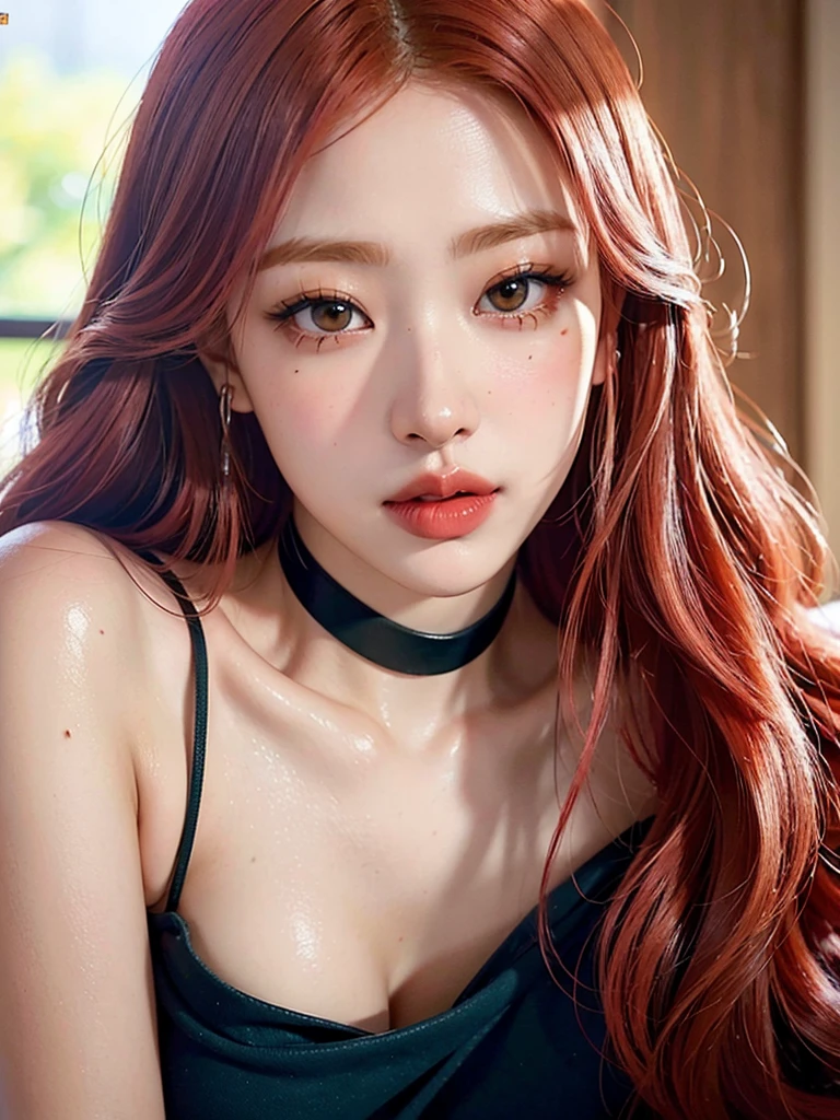  1girl, alone, solitary, high quality, (best quality,4k,8k,highres,masterpiece:1.2),ultra-detailed,(realistic,photorealistic,photo-realistic:1.37),gorgeous hair,bright red hair,long hair with bangs,sharp eyes,mole under the eye,plump lips,jewelry,(high detailed skin:1.4),(rim lighting:1.3),(lit:1.3),(sunny day:1.3),portrait,beautiful lips,waist-length hair,seductive gaze,moles,casual clothes,colorful clothing,close up,super long hair,choker necklace,bangs,fringe,dimples on the cheeks,dimples,red hair,rubyredhair,ruby red hair,black,red lips,red lipstick,round lips,round pouty lips,pouty lips,douyin makeup,sparkly makeup,blue,green,pink,purple,wine red,piercings,gems,lipstick,lip gloss,navel piercing, girl,innocent,red hair,dyed hair,cherry red hair,cherry red,cherry hair,redhead,youthful,modest,covered cleavage,delicate,pretty girl,close up,closeup,20 years old,modest,pretty blouse,neon red hair,bright red hair,redhair,sweater,turtle neck,sweatshirt,shirt,hairstyle,modest clothing