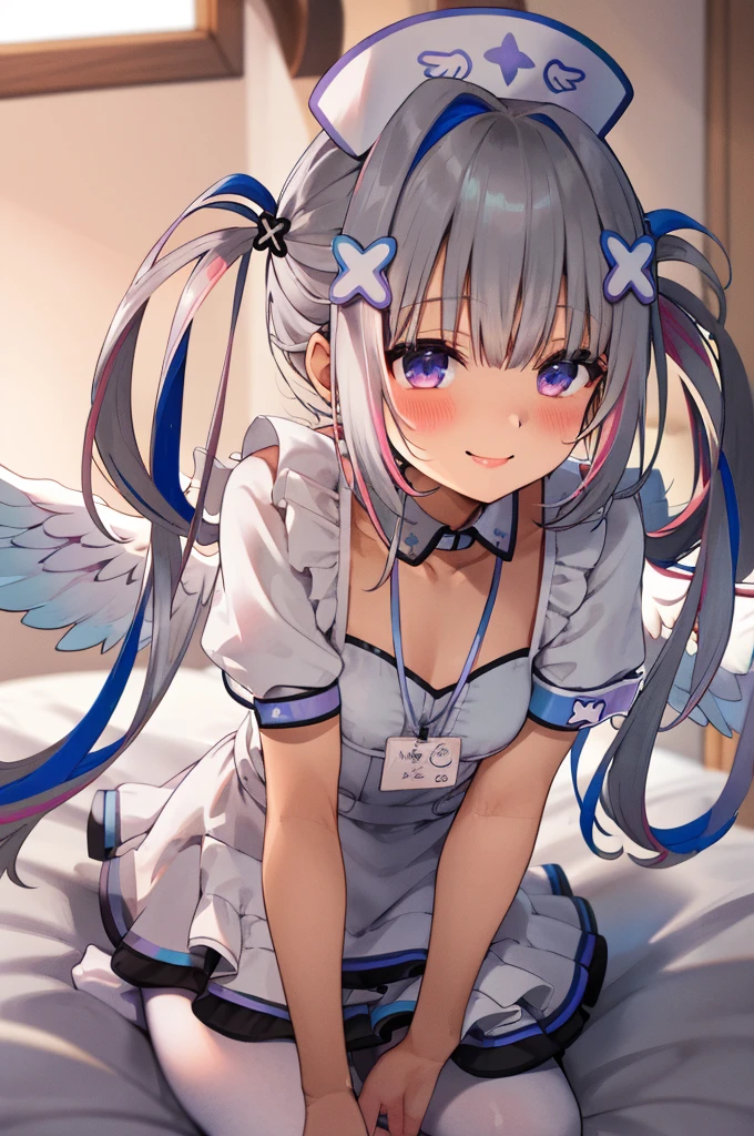 best quality, highres, 1girl, amane kanata, solo, hat, nurse cap, grey hair, multicolored hair, blue hair, wings, purple eyes, hair ornament, colored inner hair, angel wings, braid, bangs, official alternate hair length, streaked hair, single hair intake, x hair ornament, pink hair, official alternate hairstyle, twintails, nurse costume,on bed,smile,white pantyhose,blush,nsfw