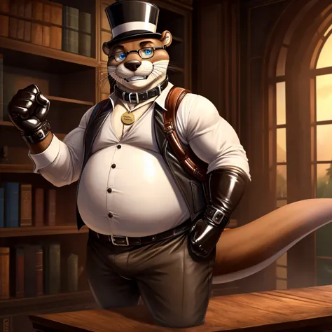 Solo, Male, fat, extremely obese, gentleman, dapper Professor Otter, blue eyes, (posing:1.3), (soft shading), 4k, hi res, ((deta...