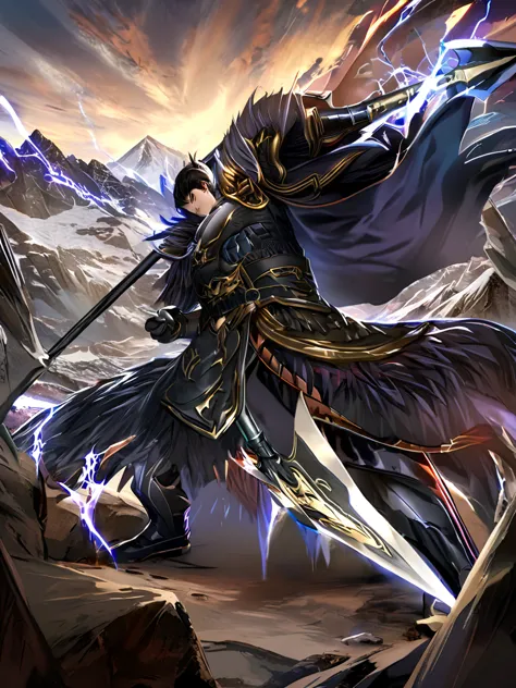 Masterpiece,best quality,Highly detailed,very detailed, Digital Artwork, Levi Buman,  holding a halberd to pierce the sky, focus...