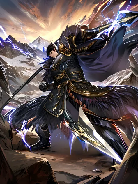 masterpiece,best quality,highly detailed,very detailed, digital artwork, levi buman,  holding a halberd to pierce the sky, focus...