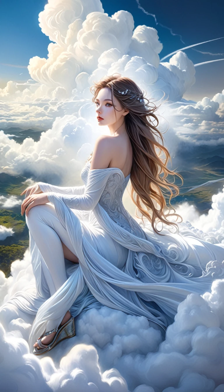 surrealistic goddess woman sitting on cloud, beautiful landscape, sketch, pen drawing, white background, highly detailed, photorealistic, dramatic lighting, vibrant colors, masterpiece, (best quality,4k,8k,highres,masterpiece:1.2),ultra-detailed,(realistic,photorealistic,photo-realistic:1.37),intricate details,cinematic composition,dramatic pose,elegant features,porcelain skin,piercing eyes,full lips,flowing hair,dreamy atmosphere,divine presence,ethereal beauty,floating in clouds,stunning scenery,natural elements,inspired by Bill Sienkiewicz
