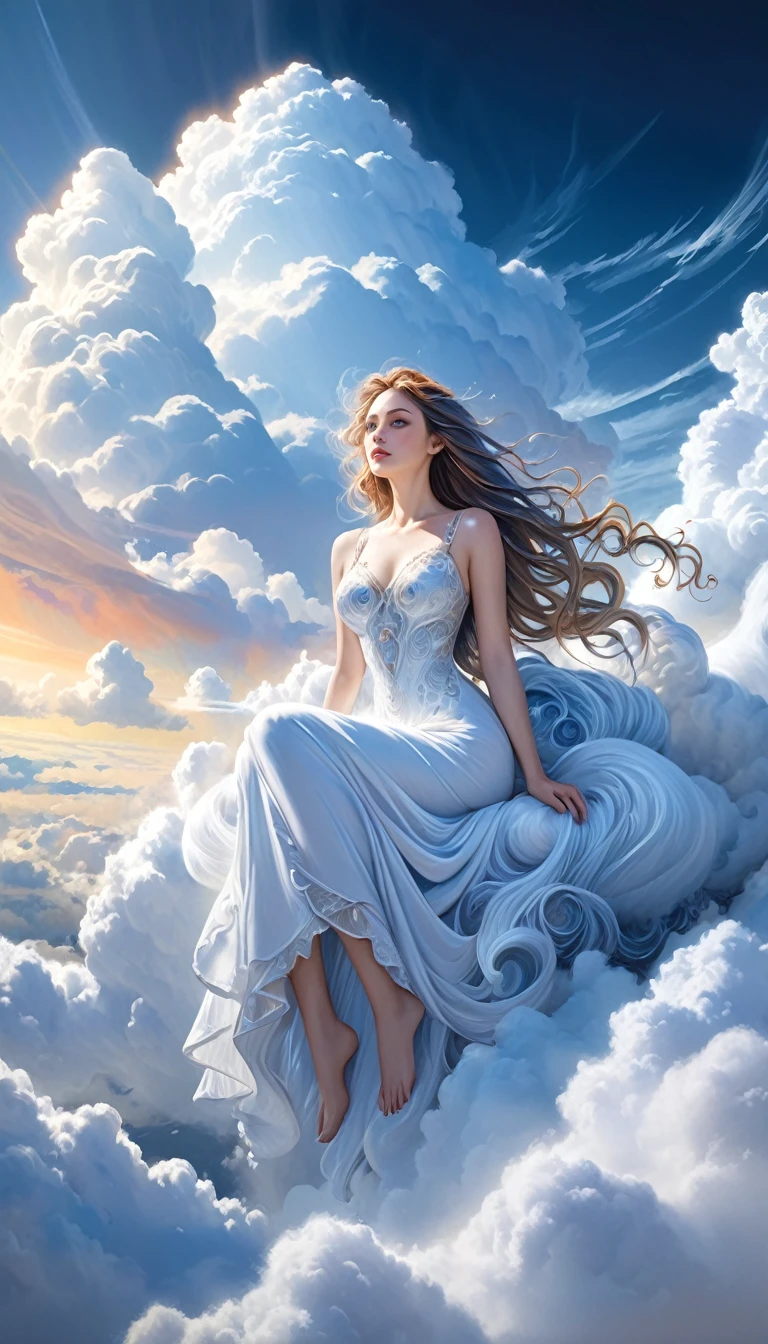 surrealistic goddess woman sitting on cloud, beautiful landscape, sketch, pen drawing, white background, highly detailed, photorealistic, dramatic lighting, vibrant colors, masterpiece, (best quality,4k,8k,highres,masterpiece:1.2),ultra-detailed,(realistic,photorealistic,photo-realistic:1.37),intricate details,cinematic composition,dramatic pose,elegant features,porcelain skin,piercing eyes,full lips,flowing hair,dreamy atmosphere,divine presence,ethereal beauty,floating in clouds,stunning scenery,natural elements,inspired by Bill Sienkiewicz
