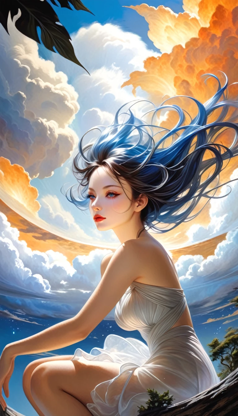 surrealistic goddess woman sitting on cloud, beautiful landscape, sketch, pen drawing, white background, highly detailed, photorealistic, dramatic lighting, vibrant colors, masterpiece, (best quality,4k,8k,highres,masterpiece:1.2),ultra-detailed,(realistic,photorealistic,photo-realistic:1.37),intricate details,cinematic composition,dramatic pose,elegant features,porcelain skin,piercing eyes,full lips,flowing hair,dreamy atmosphere,divine presence,ethereal beauty,floating in clouds,stunning scenery,natural elements,inspired by Bill Sienkiewicz
