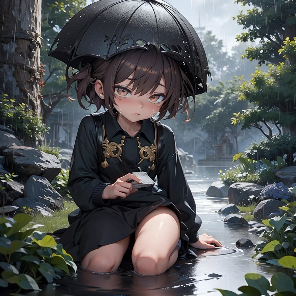 anime, a boy sitting on a ledge in the rain, Tears in the rain, and sad, sad and lonely, emotional image, like tears in the rain at the time of dying, what depression looks like, dark illustration, under the rain, dark faceless people, sad, gloomy and depressed lighting, rainy weather, emotional concept art, he is sad, sadness personified