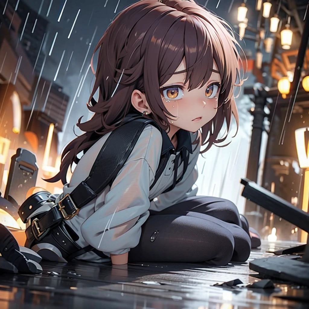 anime, a boy sitting on a ledge in the rain, Tears in the rain, and sad, sad and lonely, emotional image, like tears in the rain at the time of dying, what depression looks like, dark illustration, under the rain, dark faceless people, sad, gloomy and depressed lighting, rainy weather, emotional concept art, he is sad, sadness personified