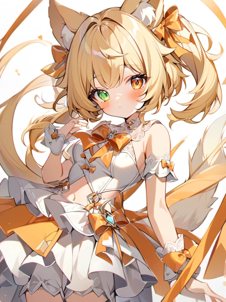 very delicate art, delicate colors,1girl, animal ears, bangs, bare shoulders, blonde hair, blush, bow, breasts, white cleavage, cropped torso, , green eyes, hair ribbon, heterochromia,  stlooking at viewer, , orange bow, orange eyes, orange ribbon, ears like an unearthly animal, fluffy tail, light tail, real tail, ribbon, solo, stuffed animal, stuffed bunny, stuffed toy, twintails, upper body, full-length, white legbands, white shoes with lace and white bows, white background, wrist cuffs, yellow eyes, bloomers, close-up, fair skin frills, lace, midriff, skirt, solo, , white background,shorts, white top with ribbon and lace and trousers,trousers, genshin,white slippers with a bow,All clothes are white, laceAt full height, it stands, в полный рост