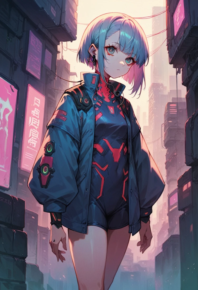 Hochwertiges Bild, futuristischer Anime-Stil, cyberpunk, Mädchen in einer futuristischen Stadt, neon Farben, Jacke mit weiten Ärmeln, Ohrhörer, mittellanges Haar mit Pony, schwüler Körper