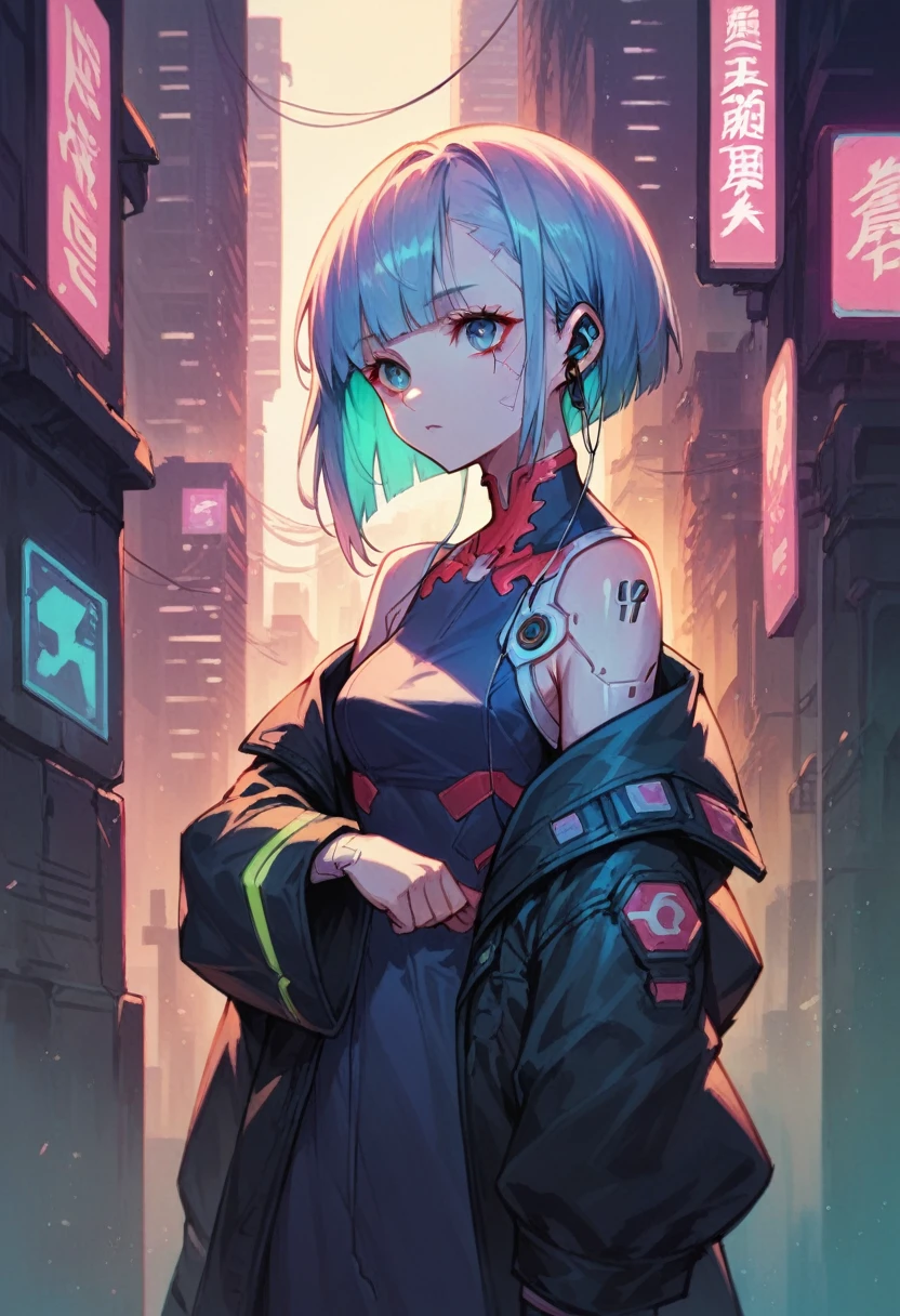 high quality image, futuristic anime style, cyberpunk, a girl in a futuristic city, neon colors, jacket with wide sleeves, earbuds, medium hair with bangs, sultry body