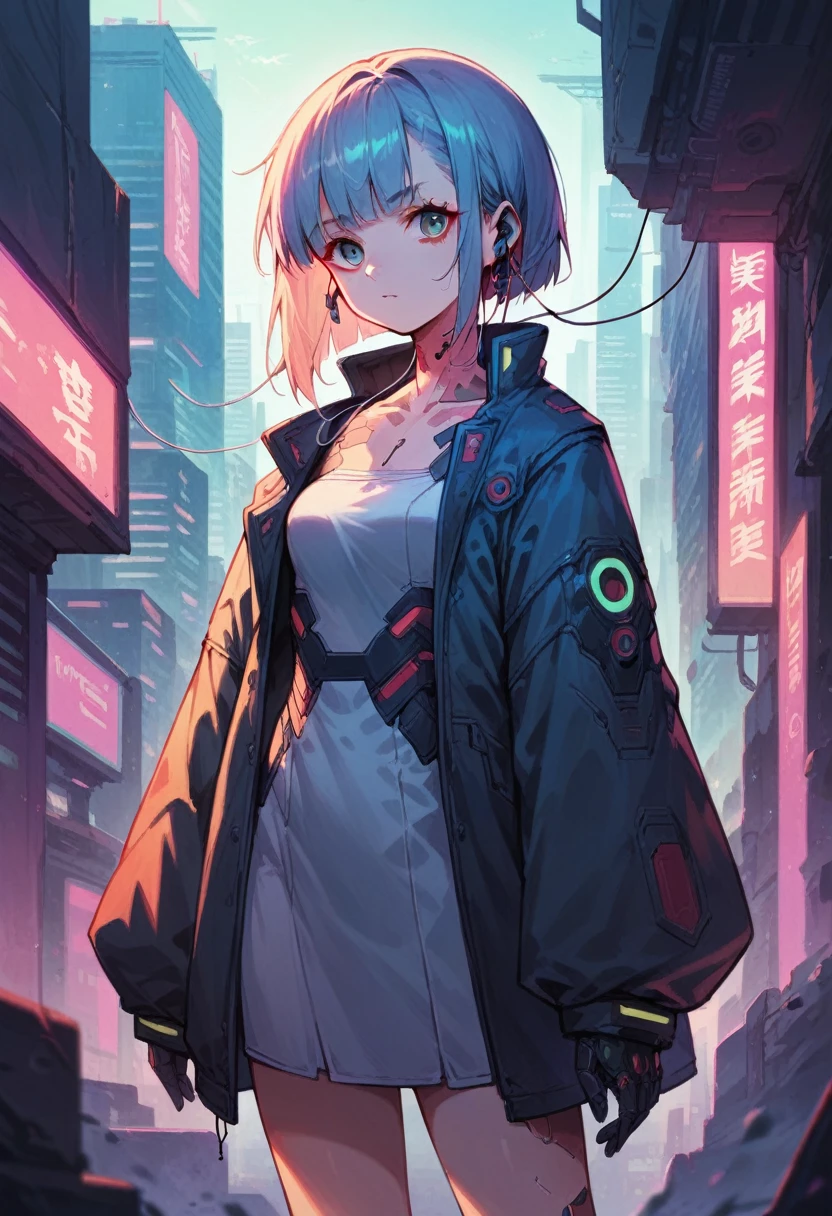 image de haute qualité, style d&#39;anime futuriste, cyberpunk, une fille dans une ville futuriste, couleurs Néon, veste à manches larges, écouteurs, Cheveux mi-longs avec frange, corps sensuel