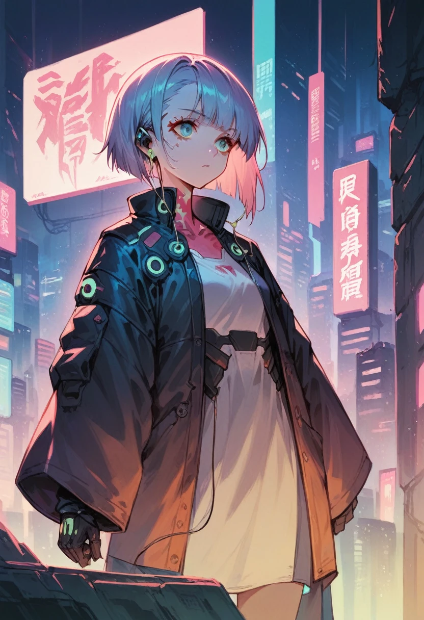 Hochwertiges Bild, futuristischer Anime-Stil, cyberpunk, Mädchen in einer futuristischen Stadt, neon Farben, Jacke mit weiten Ärmeln, Ohrhörer, mittellanges Haar mit Pony, schwüler Körper