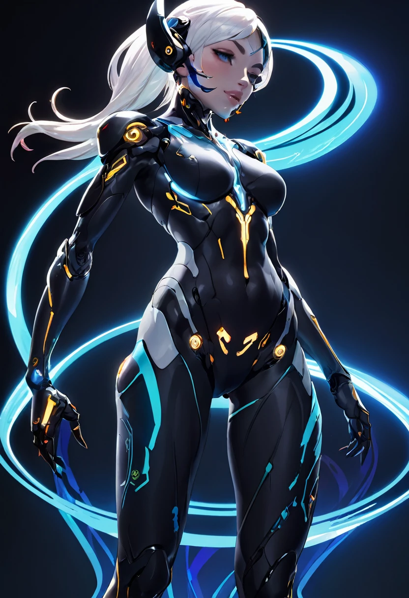 ภาพระยะใกล้ของบุคคลในชุดสูทเต็มตัวพร้อมปืน, ความหนา glatte Warframe-Oberschenkel, ขอบนีออนที่ด้านล่างของลำตัว, ผิวที่มีรายละเอียดมาก, ความหนา, ขาวอร์เฟรมเรียบ, ความหนา Warframe-Beine, ชีวกลศาสตร์ oppai, WLOP ผิวมันเงา, ไซเบอร์พังค์โอปปาย, เทคโนโลยีไซบอร์กบนร่างกายและขา, ผิวนีออนโปร่งแสง, ร่างกายไซบอร์กไจนอยด์, ผมยาวสีขาว, กาแลกติกฟุตบอลผมแดง, ยืนอยู่หน้าโฮโลแกรม, บอลบินอยู่เหนือมือ