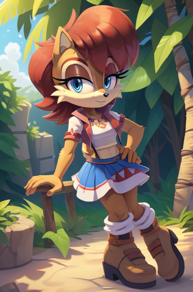 sonic (series), 1girl, anthro chipmunk girl, female mobian, mobian, blunt bangs, short auburn hair, blue eyes, (brown fur:1.3), aztec clothes, aztec skirt, jungle biome, aztec piramid, outline, Intricate Details, Masterpiece, Best Quality, High Quality, Studio Quality, Best Detail, Perfect Detail, Refine Detail, Sally Acorn 