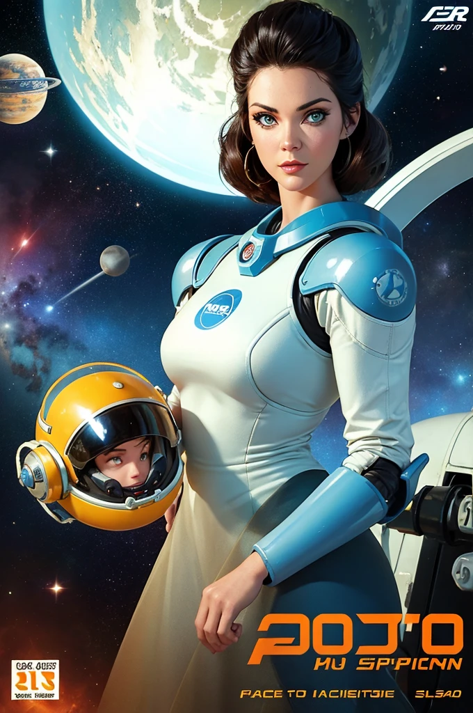 cover of an old science fiction pulp book Space Action and Adventure Space science fiction from the 1950s with Alison Tyler as a astrogirl with your robot and flying saucer, imagem perfeita