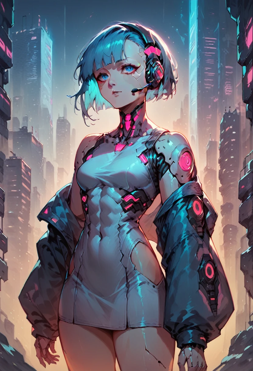 high quality image, futuristic anime style, cyberpunk, a girl in a futuristic city, neon colors, jacket with wide sleeves, headset, medium hair with bangs, sultry body, blue hair on the outside and pink on the inside, cyan eyes, skin fair