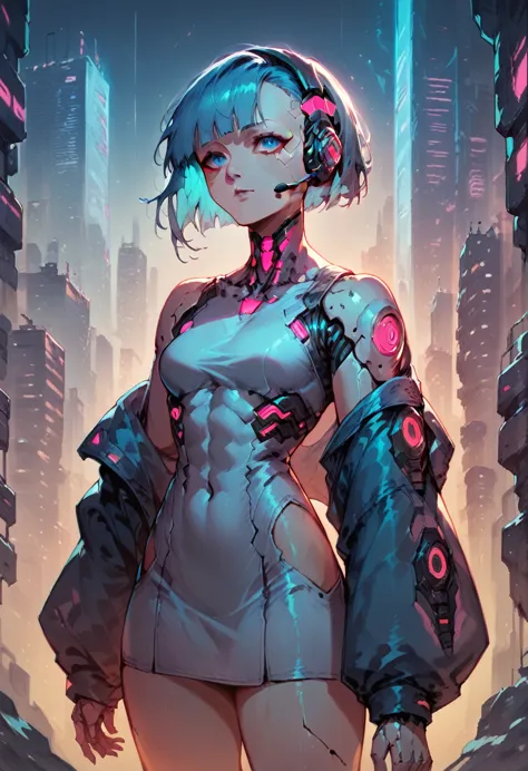 high quality image, futuristic anime style, cyberpunk, a girl in a futuristic city, neon colors, jacket with wide sleeves, heads...