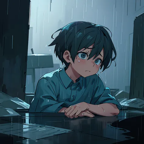 anime, a boy sitting on a ledge in the rain, tears in the rain, and sad, sad and lonely, emotional image, like tears in the rain...