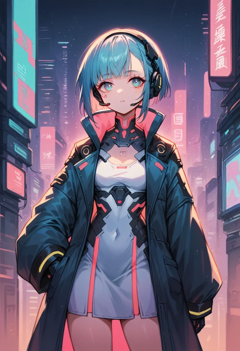 high quality image, futuristic anime style, cyberpunk, a girl in a futuristic city, neon colors, jacket with wide sleeves and white dress, headset, medium hair with bangs, sultry body, blue hair on the outside and pink on the inside, cyan eyes, skin fair