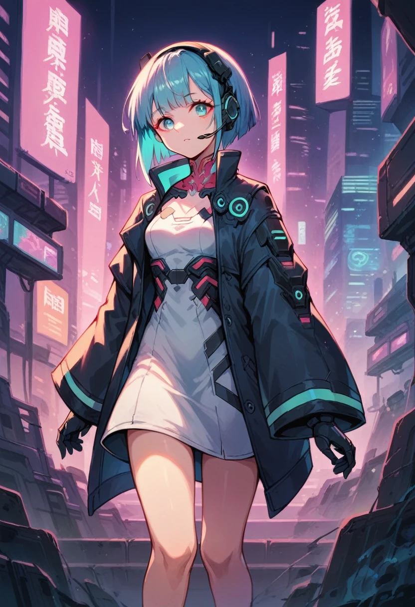 imagen de alta calidad, estilo anime futurista, ciberpunk, Una chica en una ciudad futurista, colores neon, chaqueta con mangas anchas y vestido blanco, auriculares, medium hair with bangs, cuerpo sensual, pelo azul por fuera y rosa por dentro, ojos cian, Feria de la piel