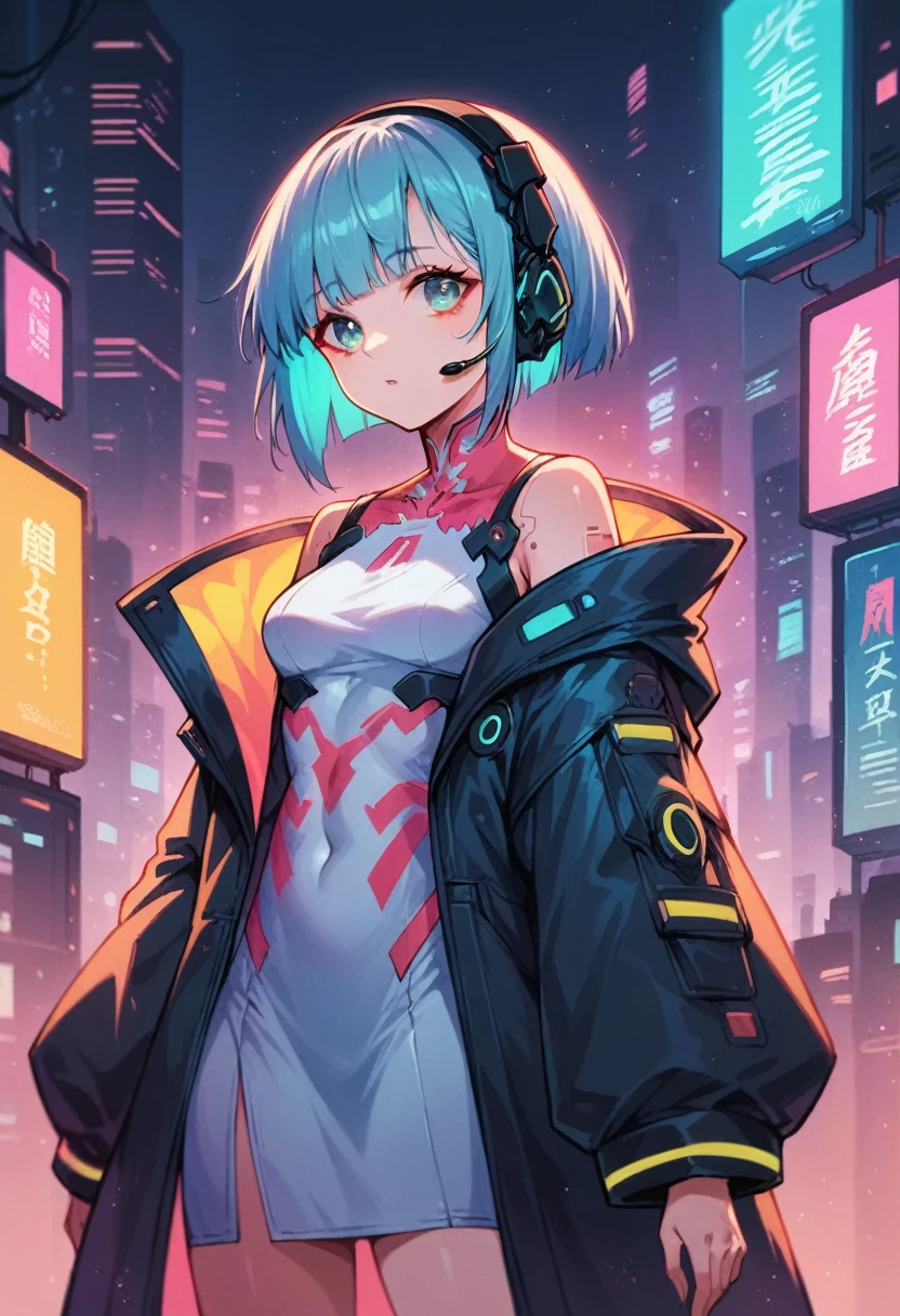 high quality image, futuristic anime style, cyberpunk, a girl in a futuristic city, neon colors, jacket with wide sleeves and white dress, headset, medium hair with bangs, sultry body, blue hair on the outside and pink on the inside, cyan eyes, skin fair