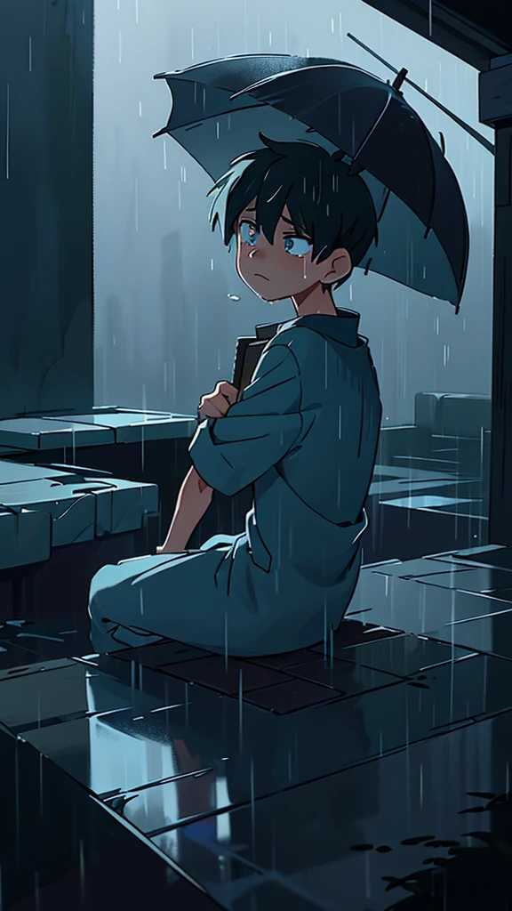 anime, a boy sitting on a ledge in the rain, Tears in the rain, and sad, sad and lonely, emotional image, like tears in the rain at the time of dying, what depression looks like, dark illustration, under the rain, dark faceless people, sad, gloomy and depressed lighting, rainy weather, emotional concept art, he is sad, sadness personified