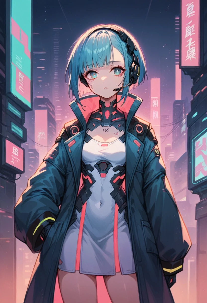 high quality image, futuristic anime style, cyberpunk, a girl in a futuristic city, neon colors, jacket with wide sleeves and white dress, headset, medium hair with bangs, sultry body, blue hair on the outside and pink on the inside, cyan eyes, skin fair