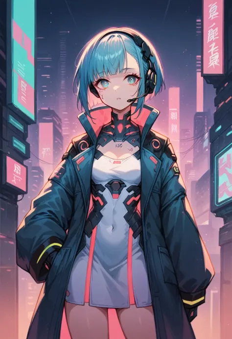 high quality image, futuristic anime style, cyberpunk, a girl in a futuristic city, neon colors, jacket with wide sleeves and wh...