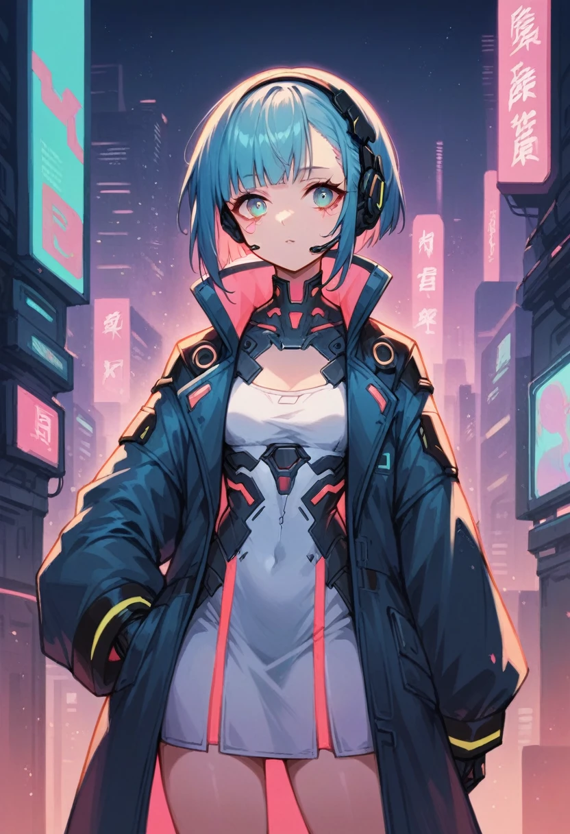 high quality image, futuristic anime style, cyberpunk, a girl in a futuristic city, neon colors, jacket with wide sleeves and white dress, headset, medium hair with bangs, sultry body, blue hair on the outside and pink on the inside, cyan eyes, skin fair