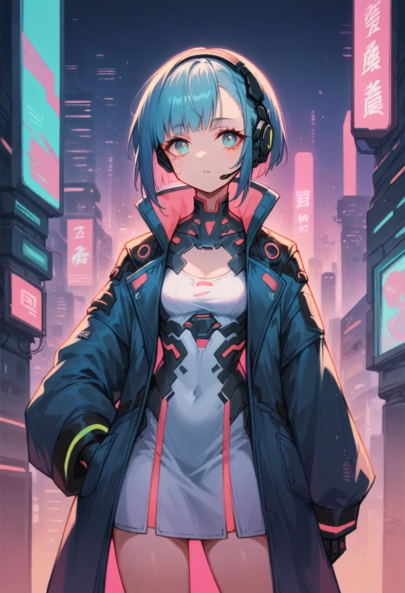 imagem de alta qualidade, estilo anime futurista, Ciberpunk, uma garota em uma cidade futurista, cores néon, jaqueta com mangas largas e vestido branco, fone de ouvido, cabelo médio com franja, corpo sensual, cabelo azul por fora e rosa por dentro, Olhos cianos, pele clara