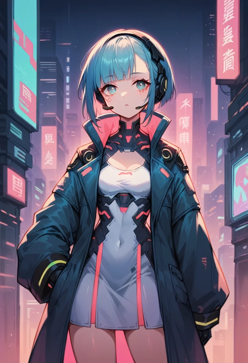 high quality image, futuristic anime style, cyberpunk, a girl in a futuristic city, neon colors, jacket with wide sleeves and white dress, headset, medium hair with bangs, sultry body, blue hair on the outside and pink on the inside, cyan eyes, skin fair