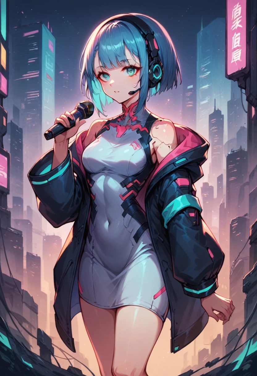 Hochwertiges Bild, futuristischer Anime-Stil, cyberpunk, Mädchen in einer futuristischen Stadt, neon Farben, Jacke mit weiten Ärmeln und weißes Kleid, Headset ohne Mikrofon, mittellanges Haar mit Pony, schwüler Körper, blaues Haar außen und rosa innen, Cyanfarbene Augen, Hauthell