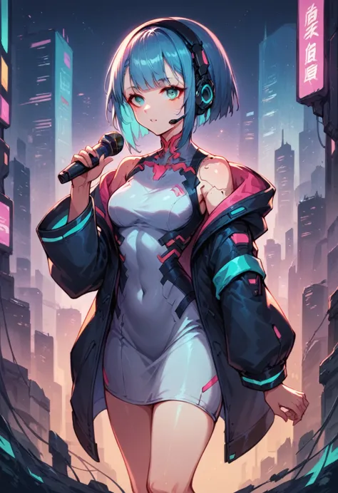 high quality image, futuristic anime style, cyberpunk, a girl in a futuristic city, neon colors, jacket with wide sleeves and wh...