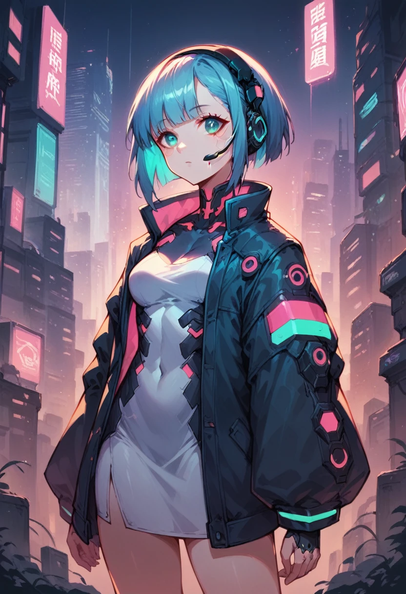 imagem de alta qualidade, estilo anime futurista, Ciberpunk, uma garota em uma cidade futurista, cores néon, jaqueta com mangas largas e vestido branco, fone de ouvido sem microfone, cabelo médio com franja, corpo sensual, cabelo azul por fora e rosa por dentro, Olhos cianos, pele clara