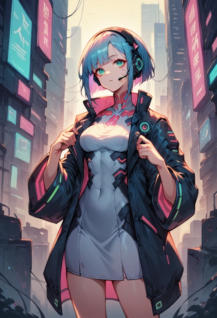 high quality image, futuristic anime style, cyberpunk, a girl in a futuristic city, neon colors, jacket with wide sleeves and white dress, headset without microphone, medium hair with bangs, sultry body, blue hair on the outside and pink on the inside, cyan eyes, skin fair