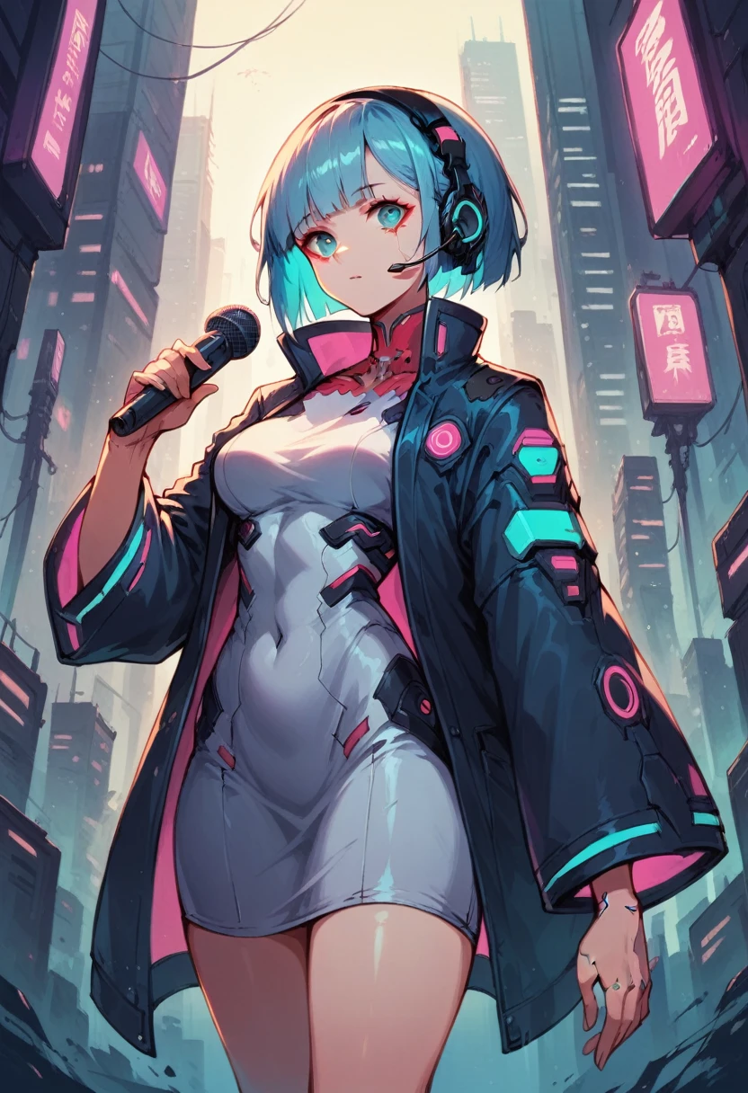 Hochwertiges Bild, futuristischer Anime-Stil, cyberpunk, Mädchen in einer futuristischen Stadt, neon Farben, Jacke mit weiten Ärmeln und weißes Kleid, Headset ohne Mikrofon, mittellanges Haar mit Pony, schwüler Körper, blaues Haar außen und rosa innen, Cyanfarbene Augen, Hauthell