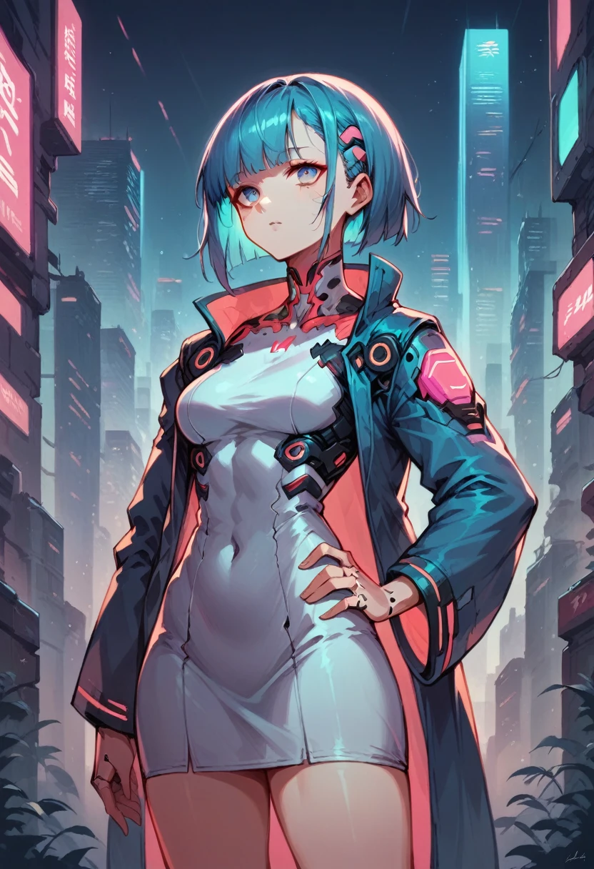 Hochwertiges Bild, futuristischer Anime-Stil, cyberpunk, Mädchen in einer futuristischen Stadt, neon Farben, Jacke mit weiten Ärmeln und weißes Kleid, mittellanges Haar mit Pony, schwüler Körper, blaues Haar außen und rosa innen, Cyanfarbene Augen, Hauthell, Hand auf der Hüfte