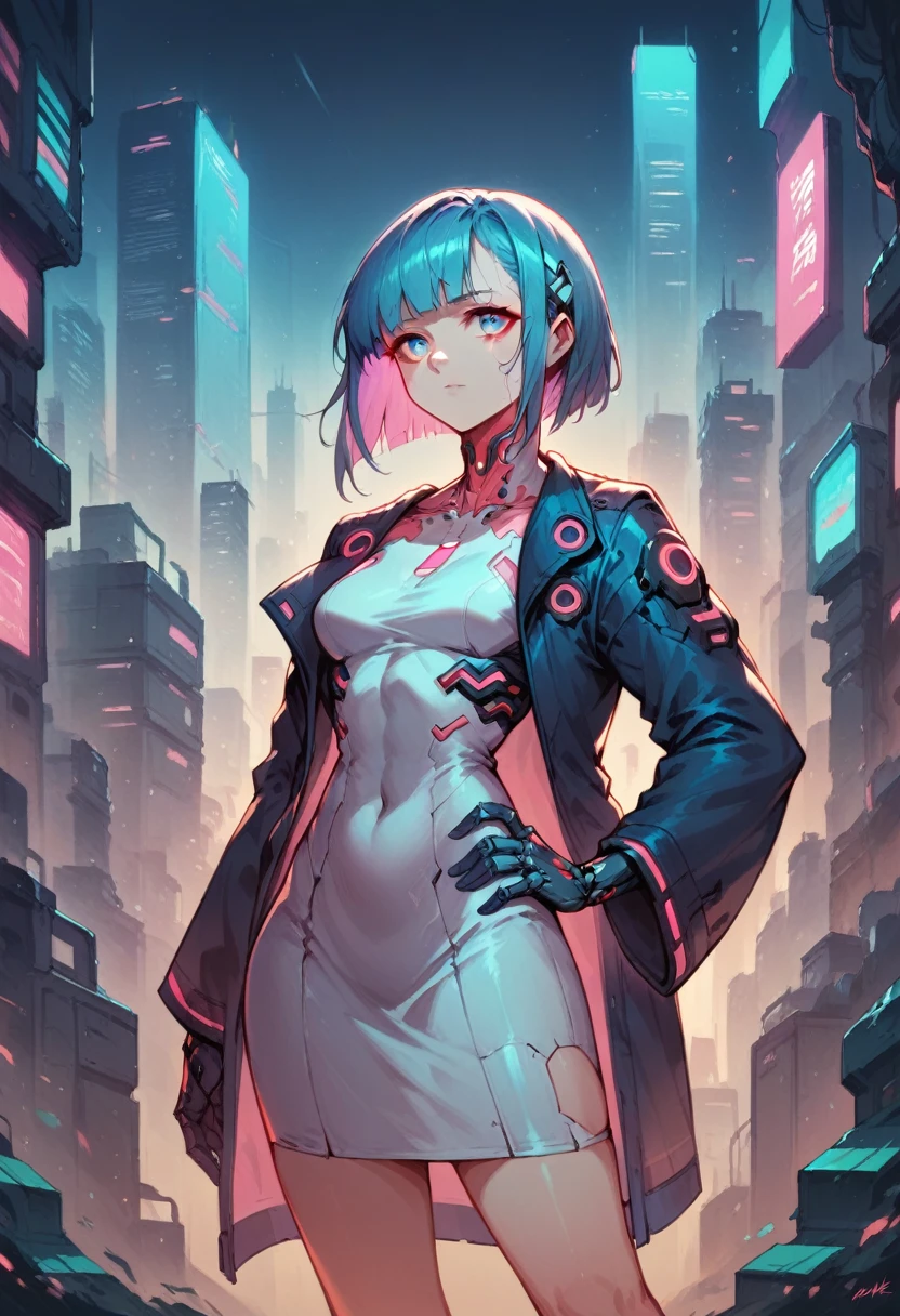 high quality image, futuristic anime style, cyberpunk, a girl in a futuristic city, neon colors, jacket with wide sleeves and white dress, medium hair with bangs, sultry body, blue hair on the outside and pink on the inside, cyan eyes, skin fair, hand on hip