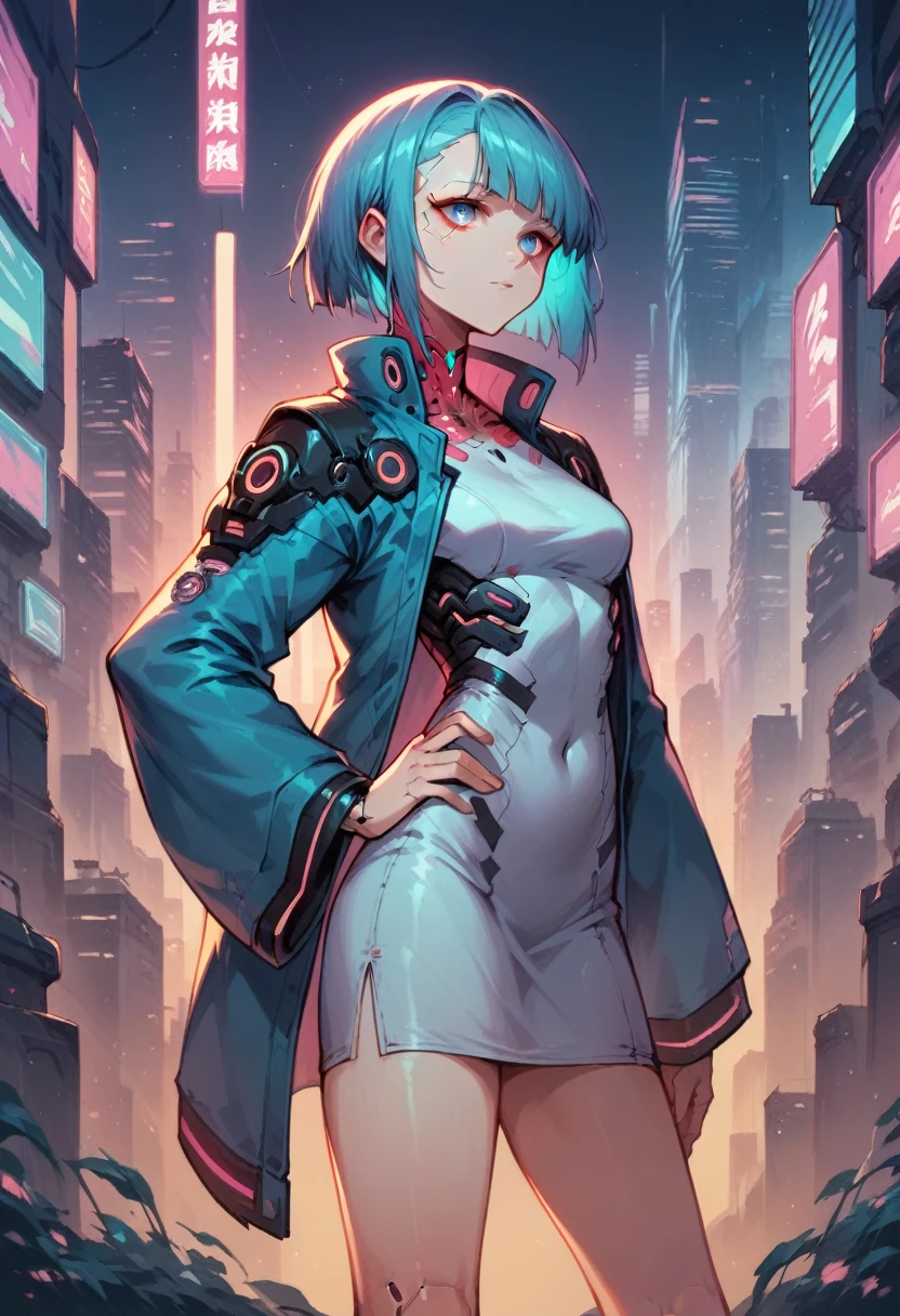 high quality image, futuristic anime style, cyberpunk, a girl in a futuristic city, neon colors, jacket with wide sleeves and white dress, medium hair with bangs, sultry body, blue hair on the outside and pink on the inside, cyan eyes, skin fair, hand on hip