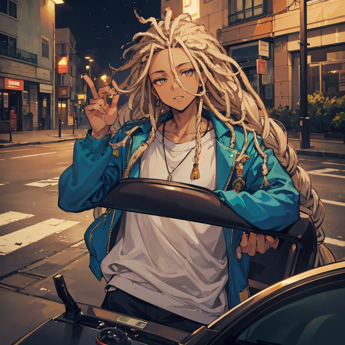 Light skin guy with dreadlocks, smoking and driving at night - SeaArt AI