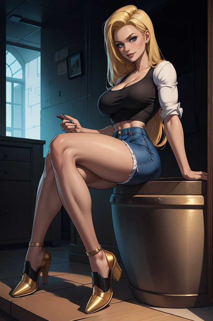 Android 18  style, 8k, hdr, ureal engine, ultra quality, sitting,  clothes, long breasts,detailed realistic, blond toned hair, black tub top, blue jeans shorts, golden earrings, aura ki, full body