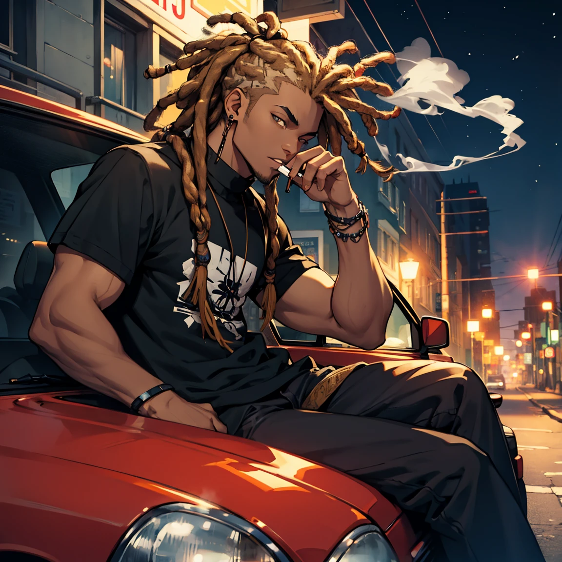 Light skin guy with dreadlocks, smoking and driving at night - SeaArt AI